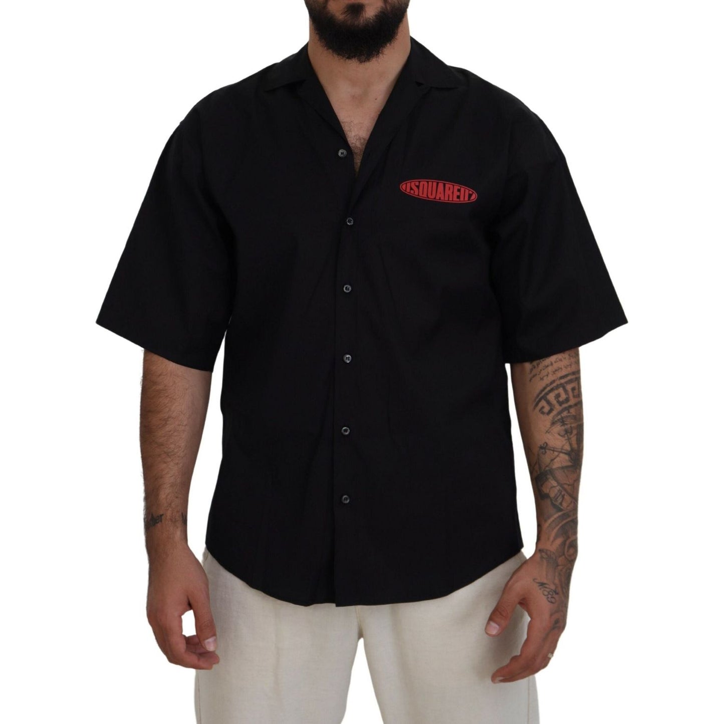 Dsquared² Black Cotton Collared Logo Print Short Sleeve Shirt TSH83548-48