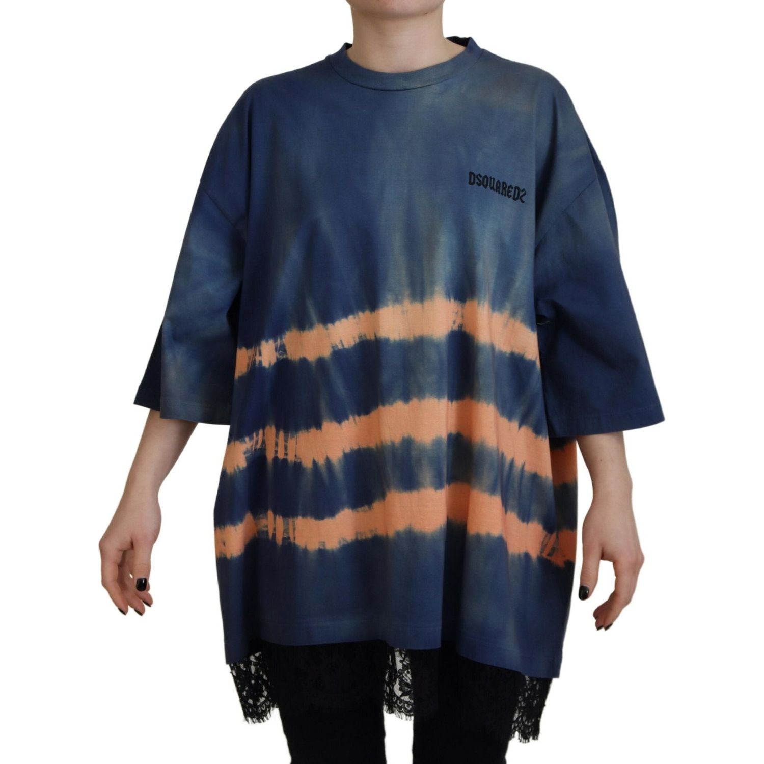 تي شيرت من القطن باللون الأزرق من Dsquared² بأكمام قصيرة ودانتيل