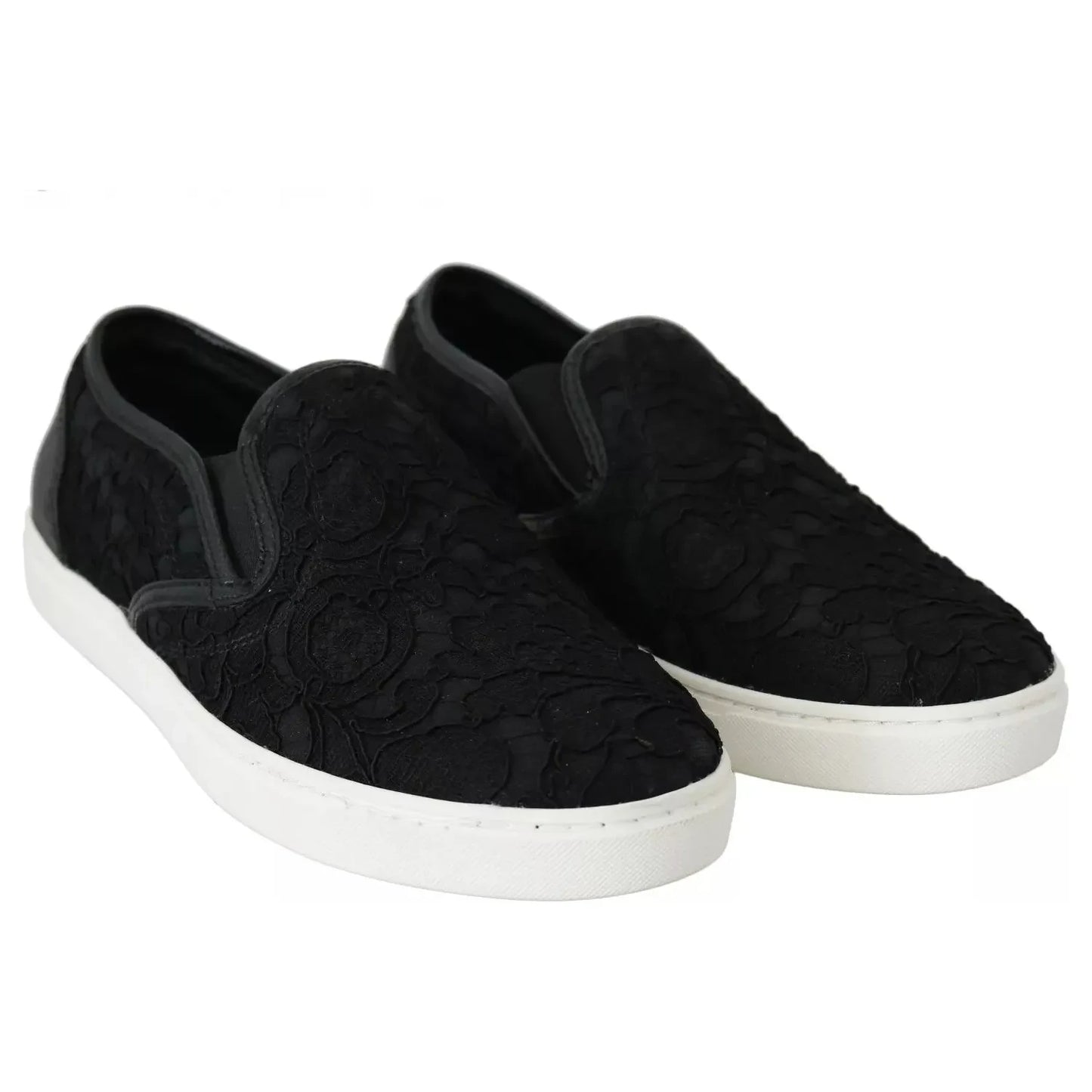 Dolce & Gabbana Black Lace Leather Logo Flat Slip-On Sneakers LA5878