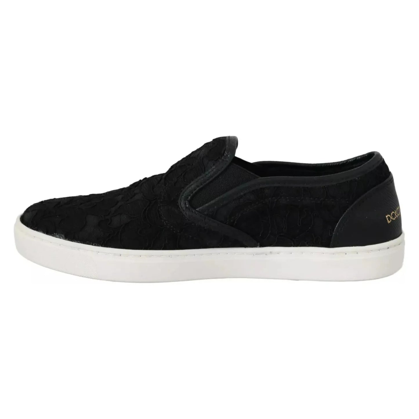 Dolce & Gabbana Black Lace Leather Logo Flat Slip-On Sneakers LA5878