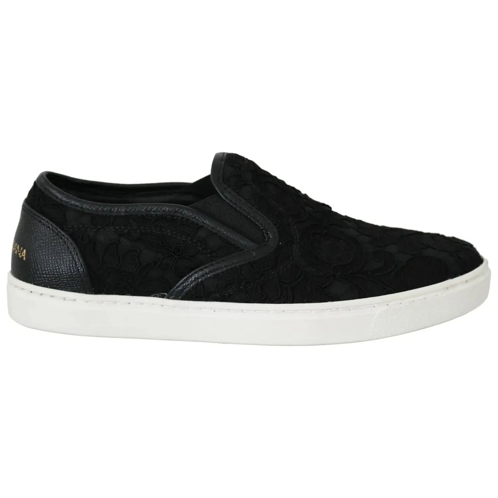 Dolce & Gabbana Black Lace Leather Logo Flat Slip-On Sneakers LA5878