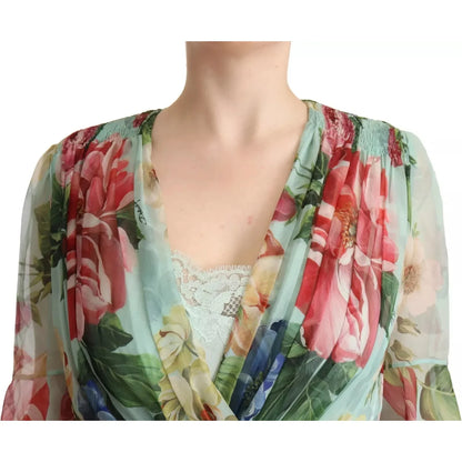 Dolce & Gabbana Green Floral Long Sleeve V-neck Midi Dress