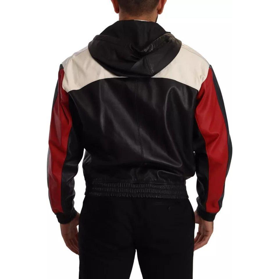 جاكيت بلوزون بغطاء رأس من الجلد الأسود من دولتشي آند غابانا