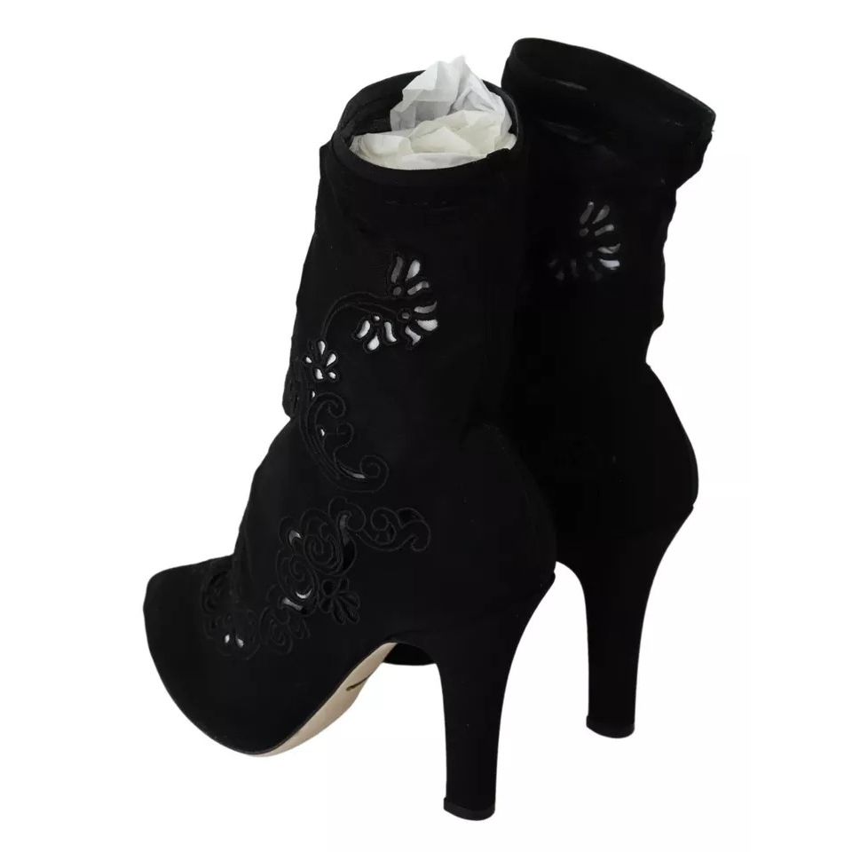 Dolce & Gabbana Black Stretch Pumps Boots Floral Lace Shoes LA8945-39