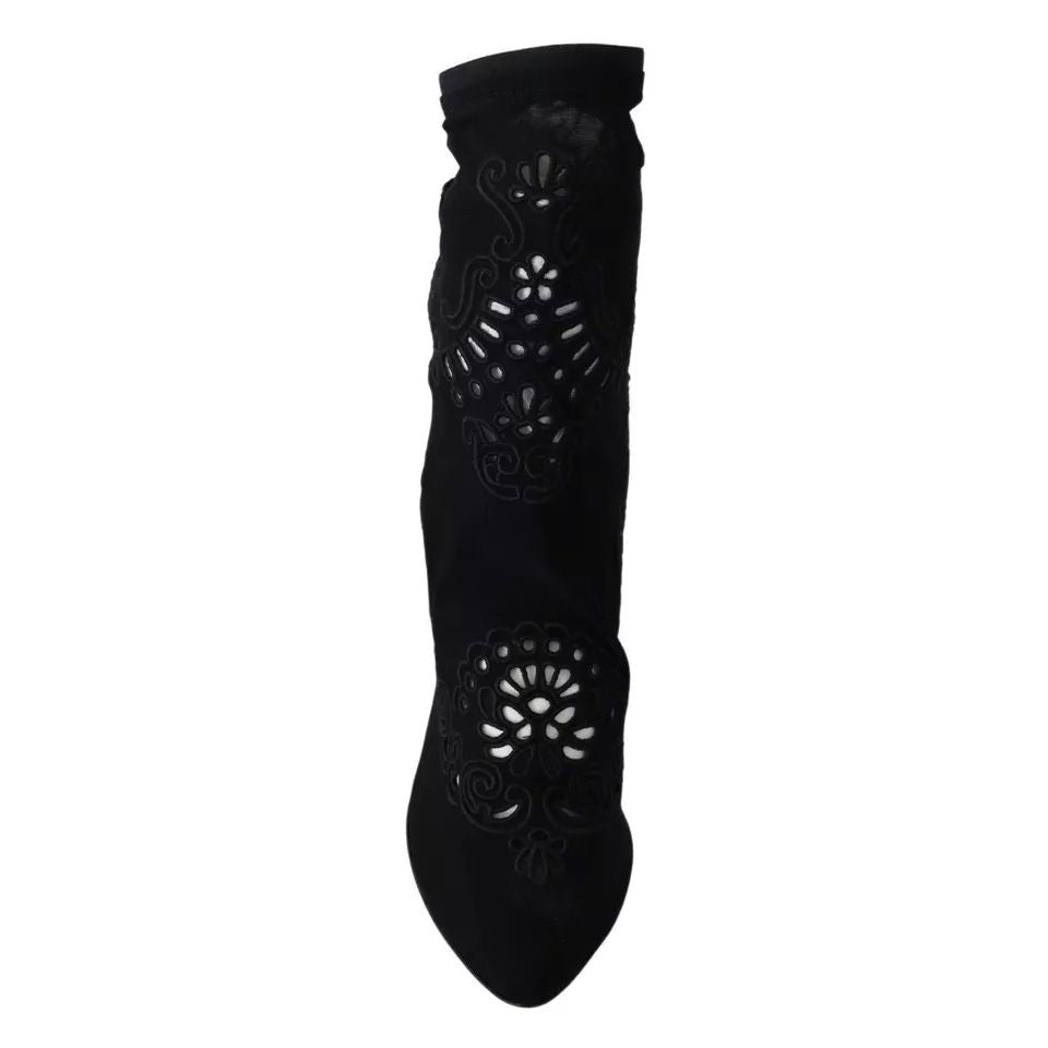 Dolce & Gabbana Black Stretch Pumps Boots Floral Lace Shoes LA8945-39
