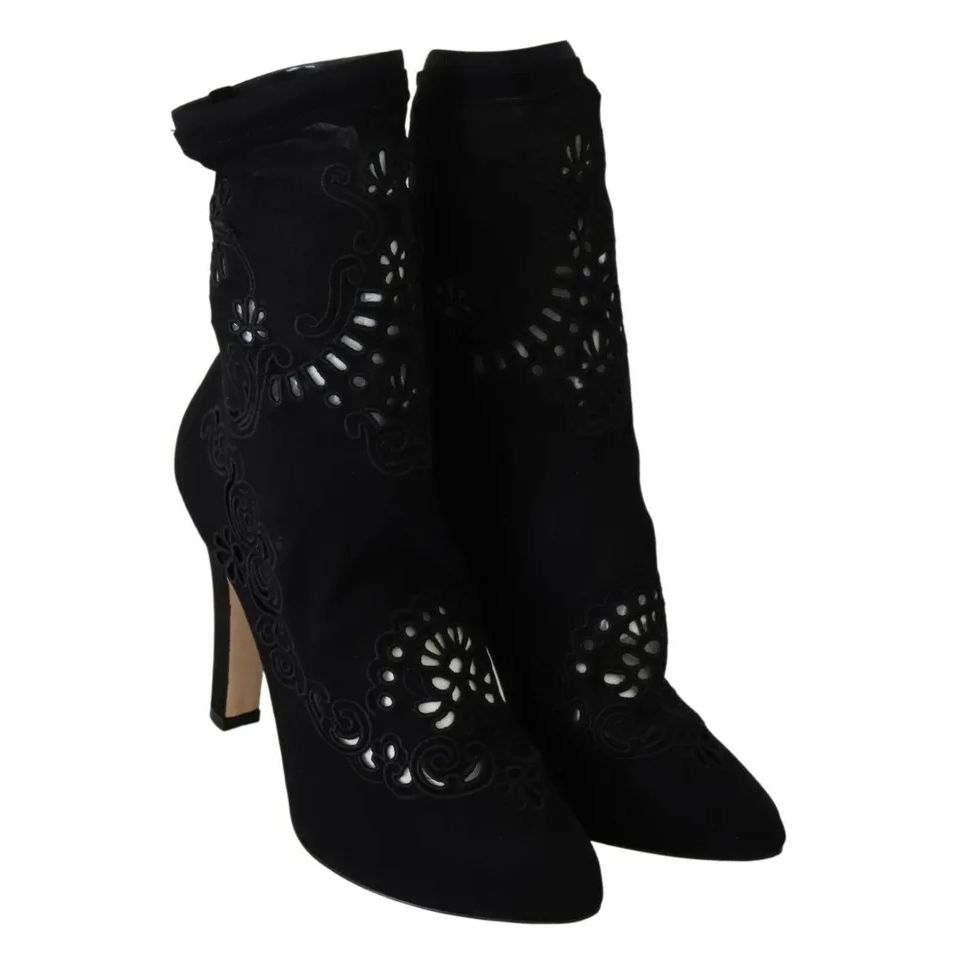 Dolce & Gabbana Black Stretch Pumps Boots Floral Lace Shoes LA8945-39