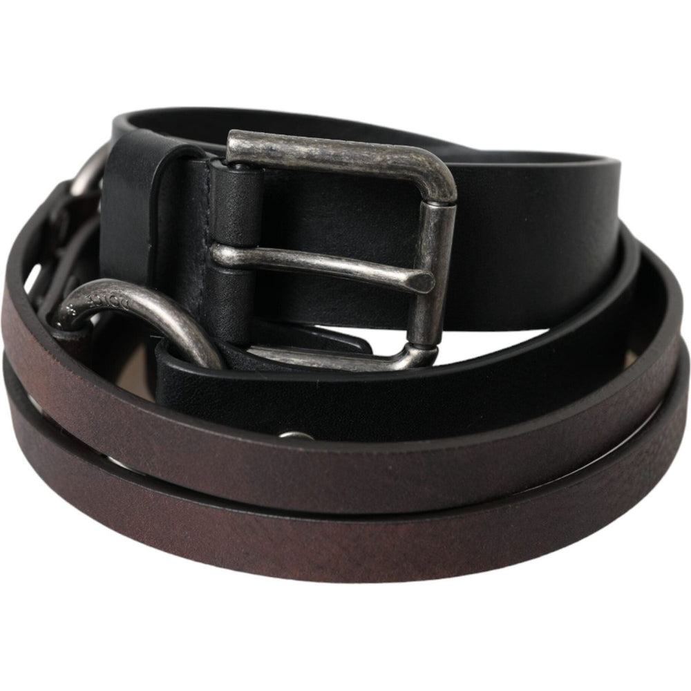 Dolce & Gabbana Black Brown Leather Silver Metal Buckle Belt BEL9193-100