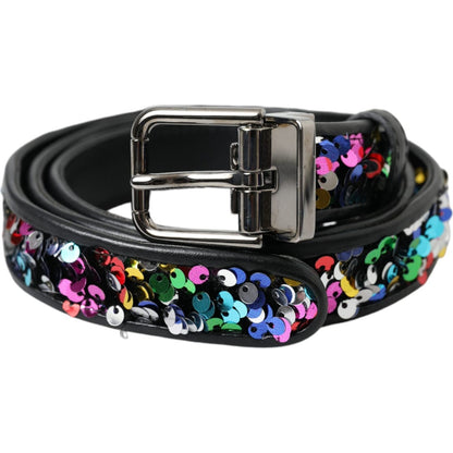 Dolce & Gabbana Black Sequined Silver Metal Buckle Women Belt