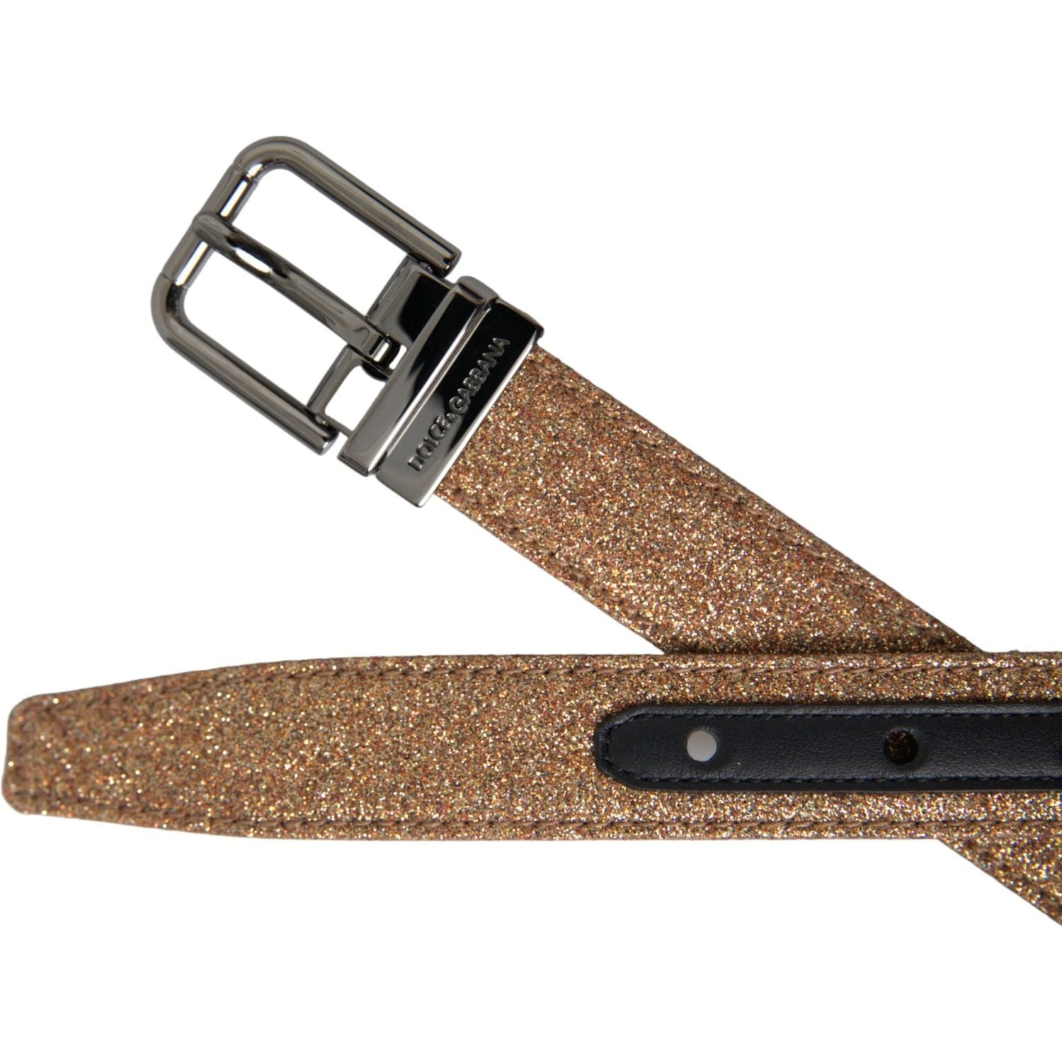 حزام دولتشي آند غابانا الذهبي اللامع المصنوع من الجلد مع مشبك معدني فضي