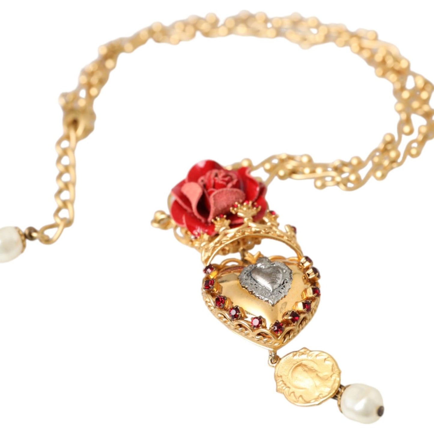 Dolce & Gabbana Gold BrassChain Sacred Heart Rose Crystal Charm Necklace Necklace