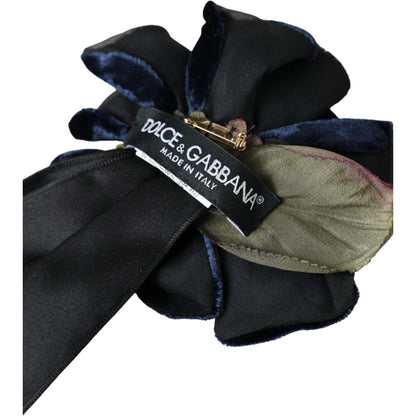 Dolce & Gabbana Black Silk Gold Brass Floral Hair Pin Brooch Brooch