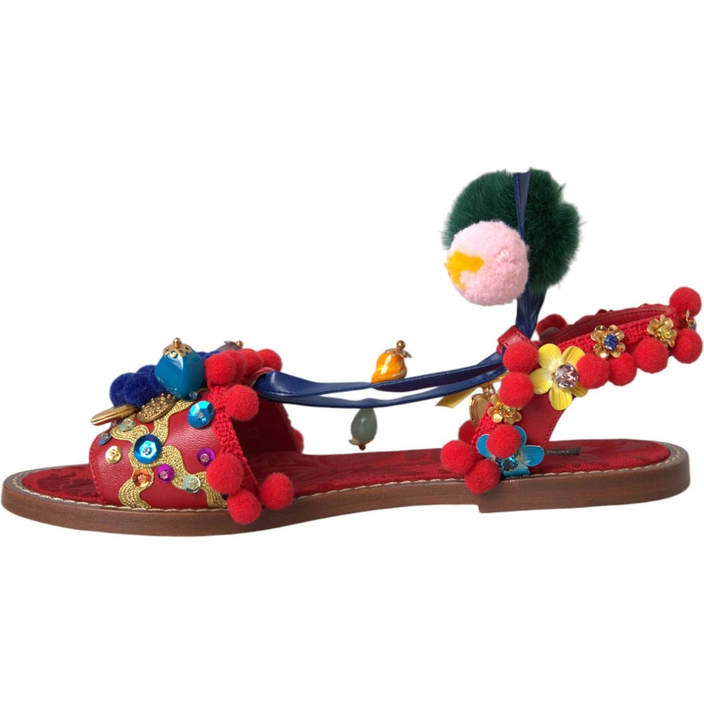 Dolce & Gabbana Multicolor Pom Pom Fur Wrap Sandals Shoes