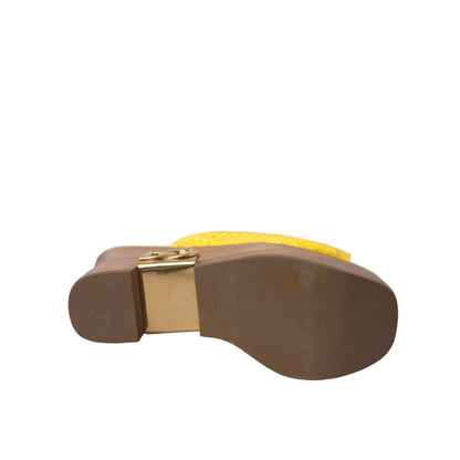 Dolce & Gabbana Yellow Leather Wood Mule Wedge Slides Shoes