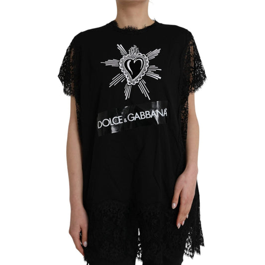 Dolce & Gabbana Black Sacred Heart Print Cotton Lace T-shirt TSH8141-42