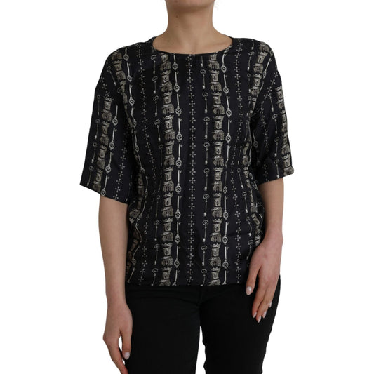 Dolce & Gabbana Black Key Castle Print Silk Blouse T-shirt TSH83829-42