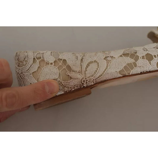 Dolce & Gabbana Beige Lace Crystal Ballet Flats Loafers Shoes