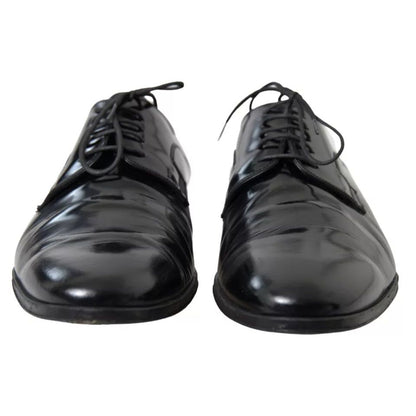 Dolce & Gabbana Black Polished Leather Formal Dress Shoes with laces, crafted in Italy, showcasing high craftsmanship and exclusive design.