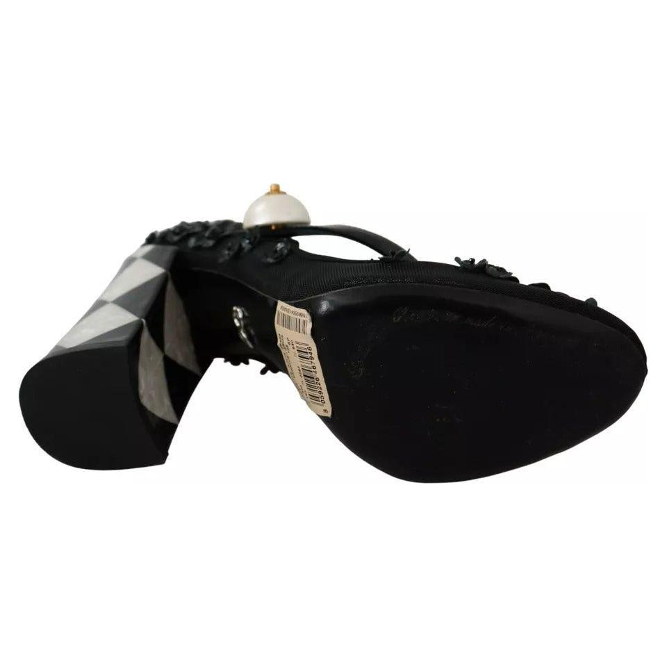 حذاء ماري جين بكعب عالٍ ومزين بالزهور من دولتشي آند غابانا باللون الأسود