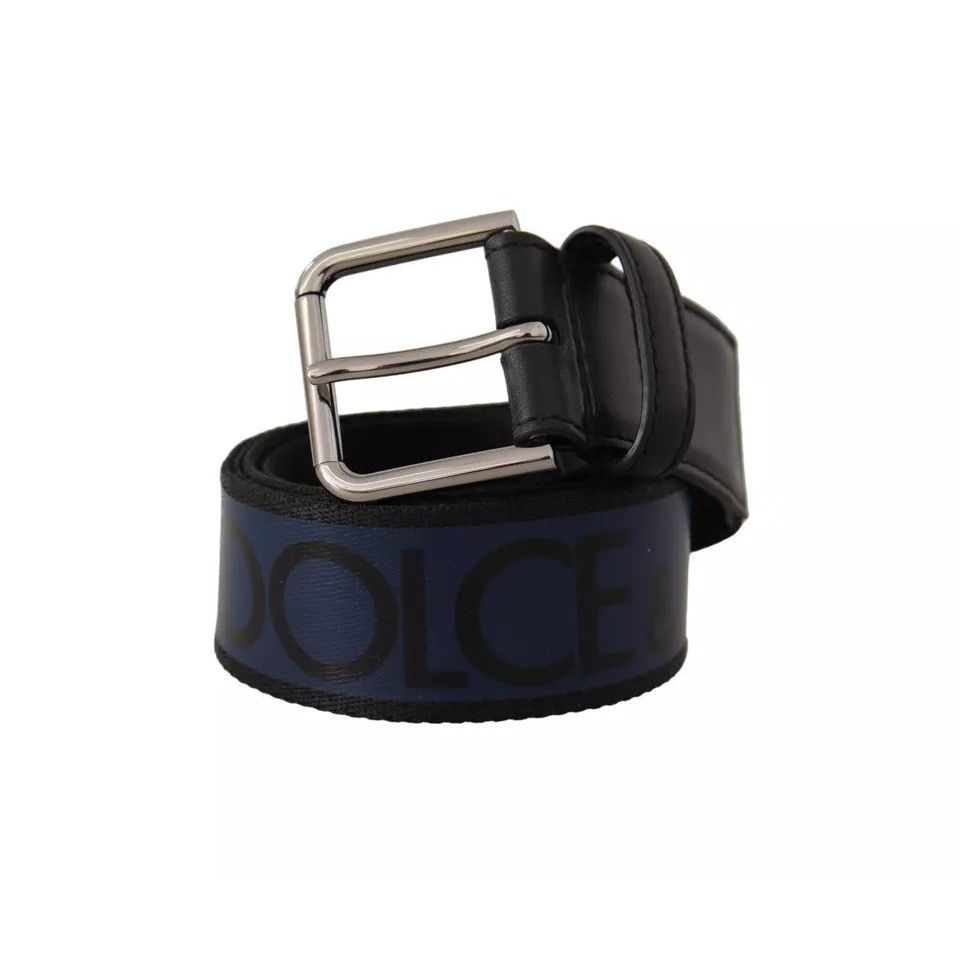 Dolce & Gabbana Blue Black Logo Print Silver Buckle Belt -90
