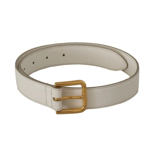 Dolce & Gabbana White Leather Gold Logo Engraved Metal Buckle Belt BEL8707-65