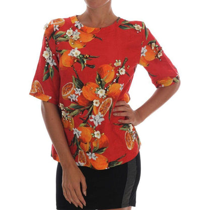 Dolce & Gabbana Orange Print Crystal-Embellished Blouse