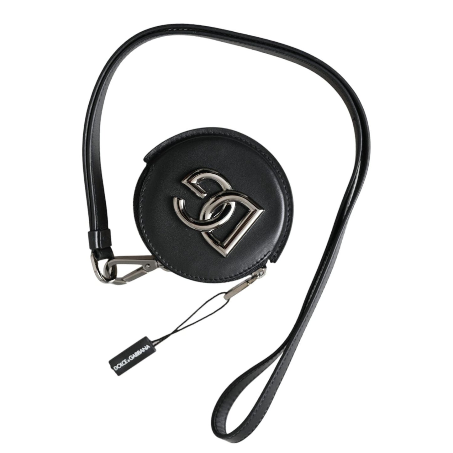 Dolce & Gabbana Black Round Leather DG Logo Coin Purse Lanyard Wallet
