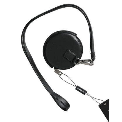 Dolce & Gabbana Black Round Leather DG Logo Coin Purse Lanyard Wallet