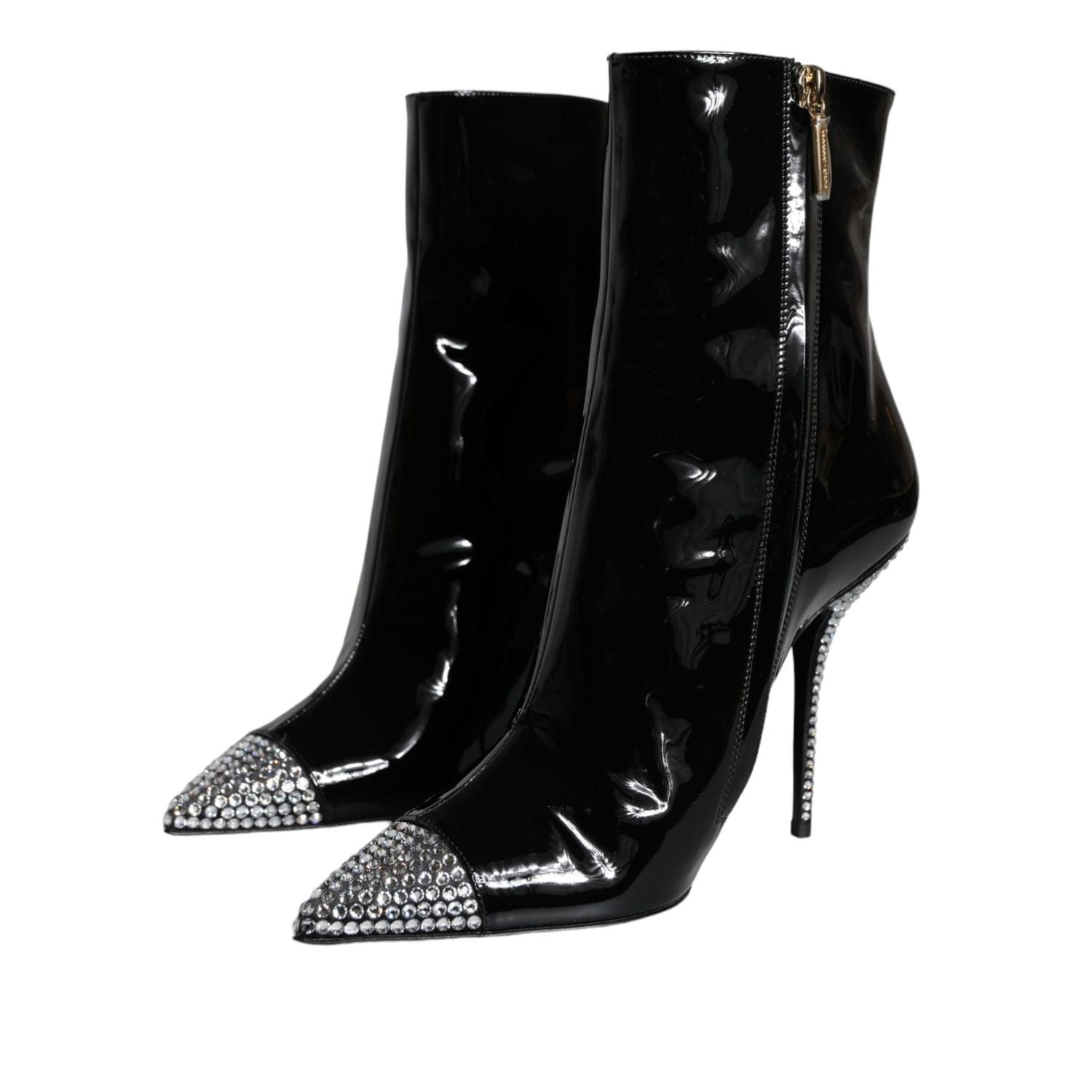 Dolce & Gabbana Black Patent Leather Crystal Heel Boots Shoes