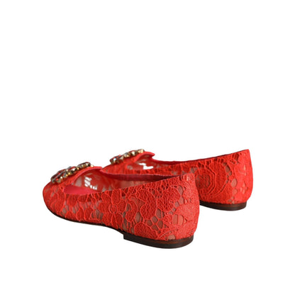 Dolce & Gabbana Coral Lace Crystal Ballet Flats Loafers Shoes