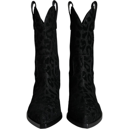 Dolce & Gabbana Black Gray Leopard Cowboy Boots Shoes LA11525#1-38.5