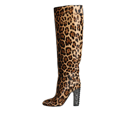 Dolce & Gabbana Beige Black Leopard Knee High Boots Shoes