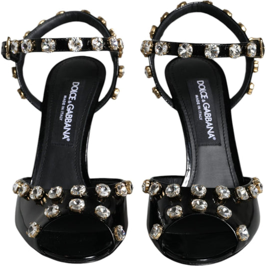 Dolce & Gabbana Black Leather Crystal Ankle Strap Sandals Shoes LA11395-39