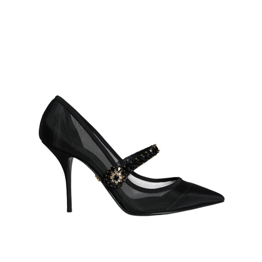 Dolce & Gabbana Black Mesh Mary Jane Crystal Heel Pumps Shoes