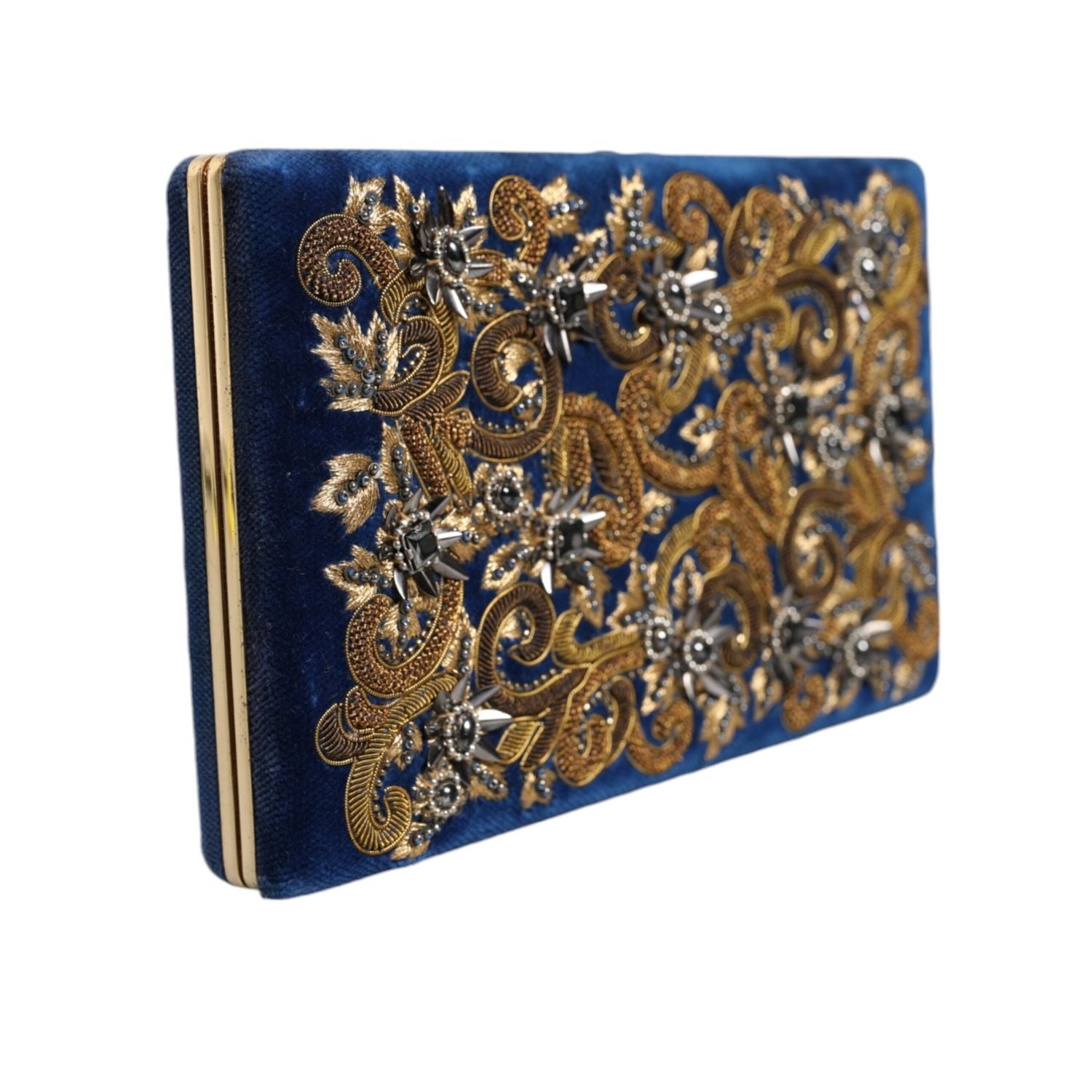 Dolce & Gabbana Blue Velvet Gold Frame Clutch Evening Party Purse Bag