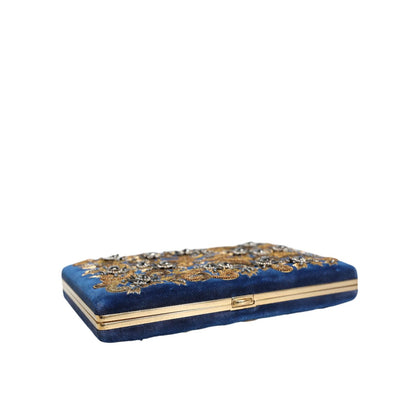 Dolce & Gabbana Blue Velvet Gold Frame Clutch Evening Party Purse Bag