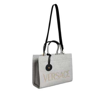 Versace White Top Handle Canvas Leather Logo Crossbody Tote Bag