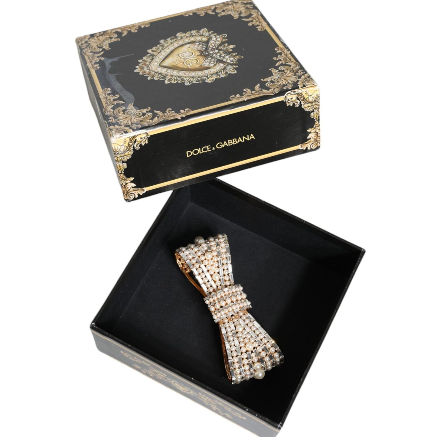 Dolce & Gabbana Gold Tone Brass Bow Crystal FauxPearl Embellished Brooch Brooch