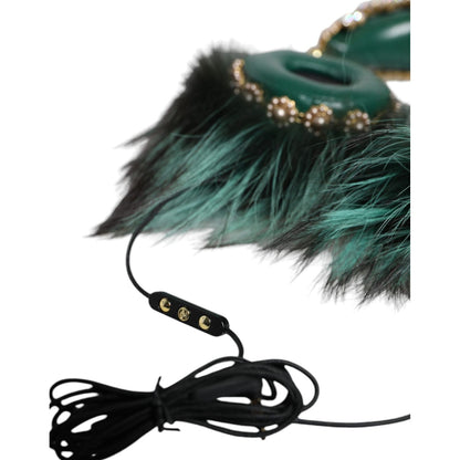 Dolce & Gabbana Green Gold Crystal Fur Headset Audio AUX Headphones