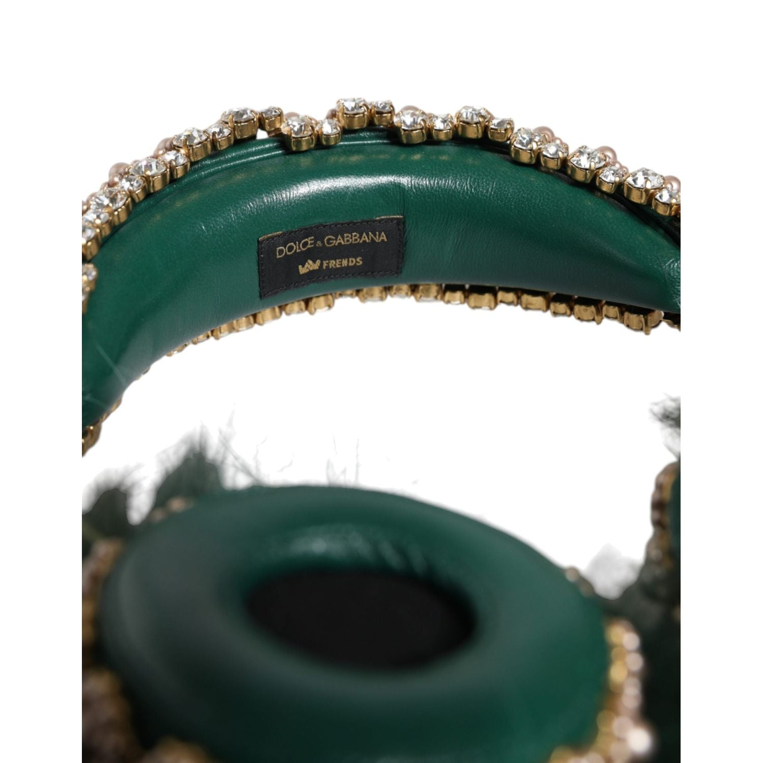 Dolce & Gabbana Green Gold Crystal Fur Headset Audio AUX Headphones