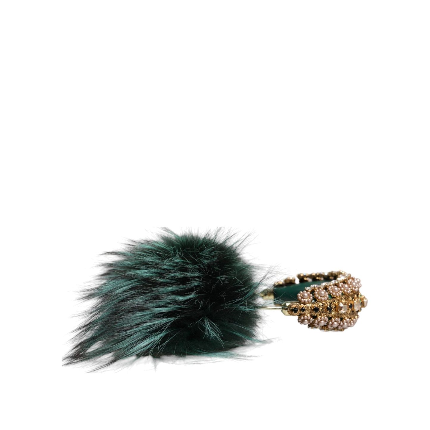 Dolce & Gabbana Green Gold Crystal Fur Headset Audio AUX Headphones