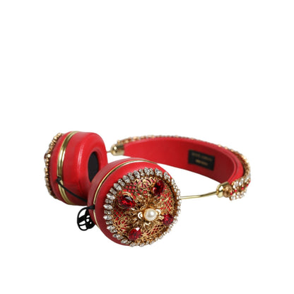 Dolce & Gabbana Red Nappa Leather Floral Crystal Headphone