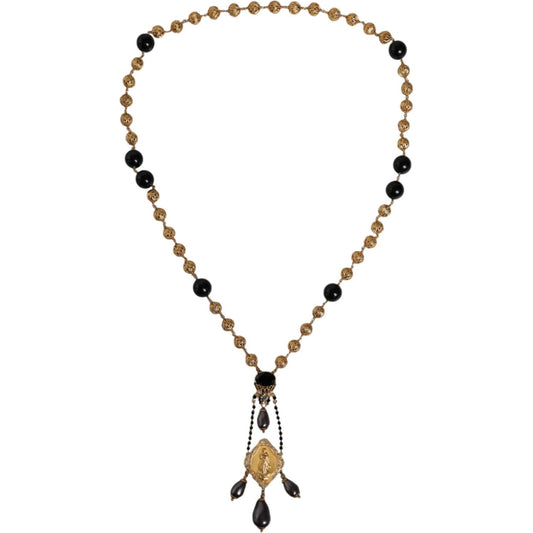 Dolce & Gabbana Gold Chain Brass Black Beaded Rosary Style Necklace