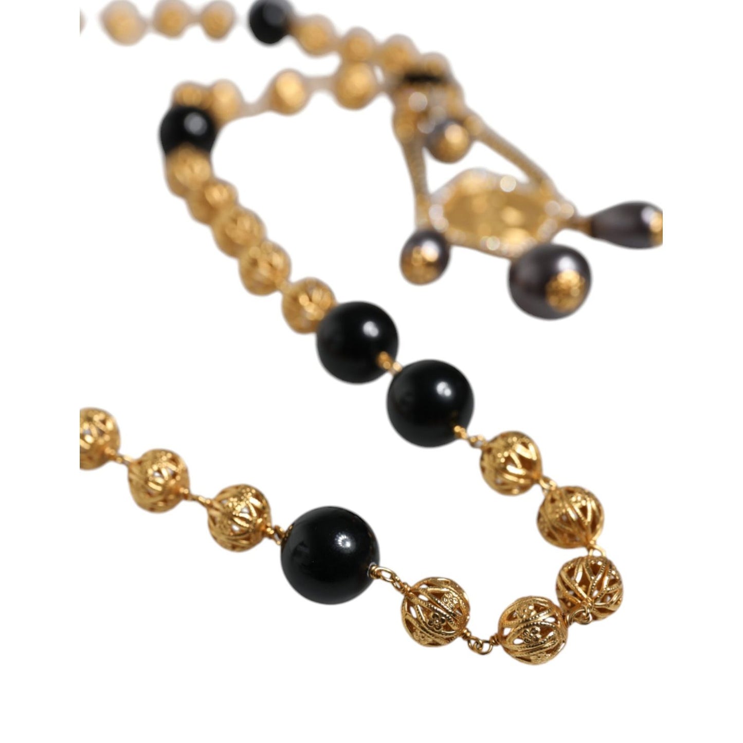 Dolce & Gabbana Gold Chain Brass Black Beaded Rosary Style Necklace