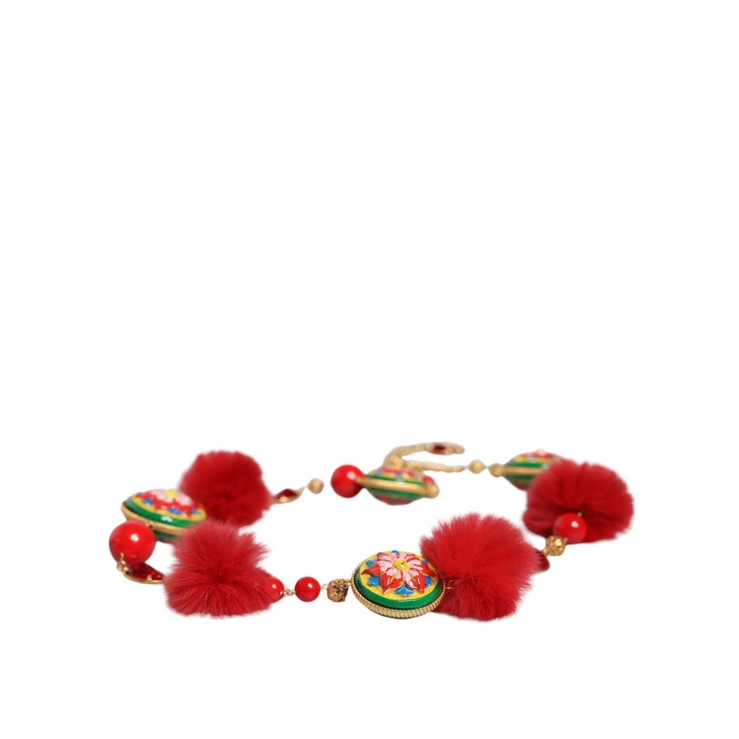 Dolce & Gabbana Gold Brass Red Fur Crystal Waist Torero Belt