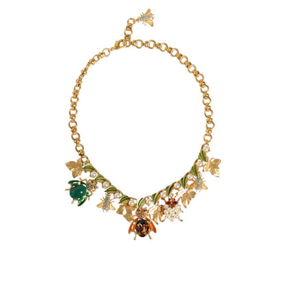 Dolce & Gabbana Gold Brass Crystal Bug Charm Pendant Statement Necklace Necklace