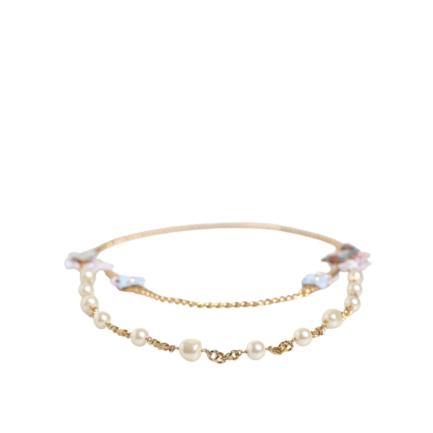 Dolce & Gabbana Gold Chain Brass Floral Layered Crystal Pearl Necklace Necklace