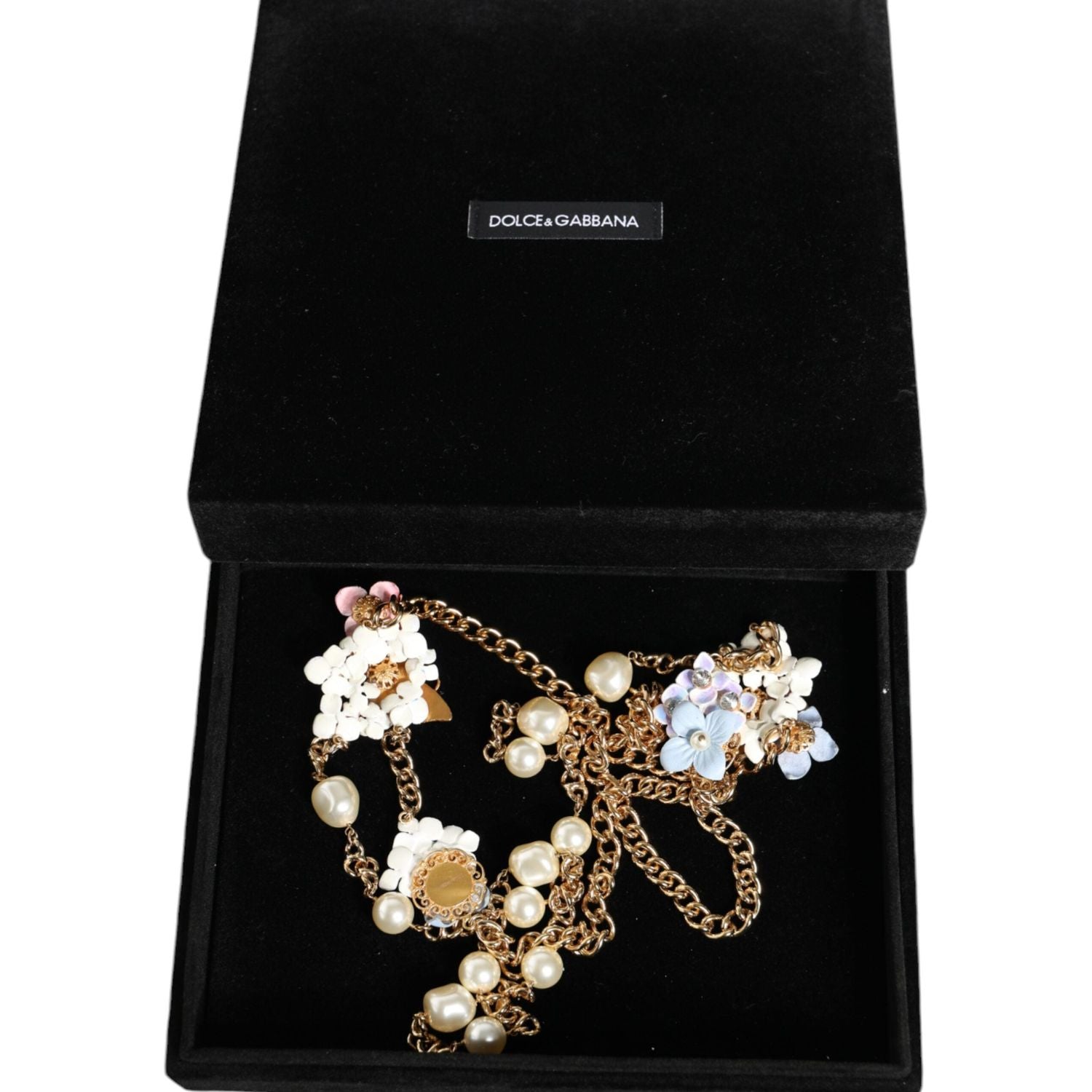 Dolce & Gabbana Gold Chain Brass Floral Layered Crystal Pearl Necklace