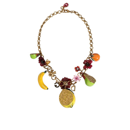Dolce & Gabbana Gold Brass FRUIT Pendants Flowers Crystal Logo Necklace Necklace