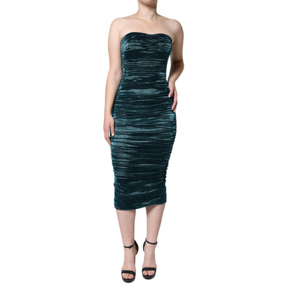 Dolce & Gabbana Green Silk Blend Satin Fitted Strapless Dress