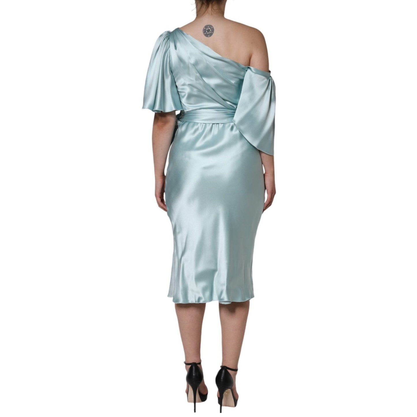 Dolce & Gabbana Mint Green Silk Fit Cut One Shoulder Dress